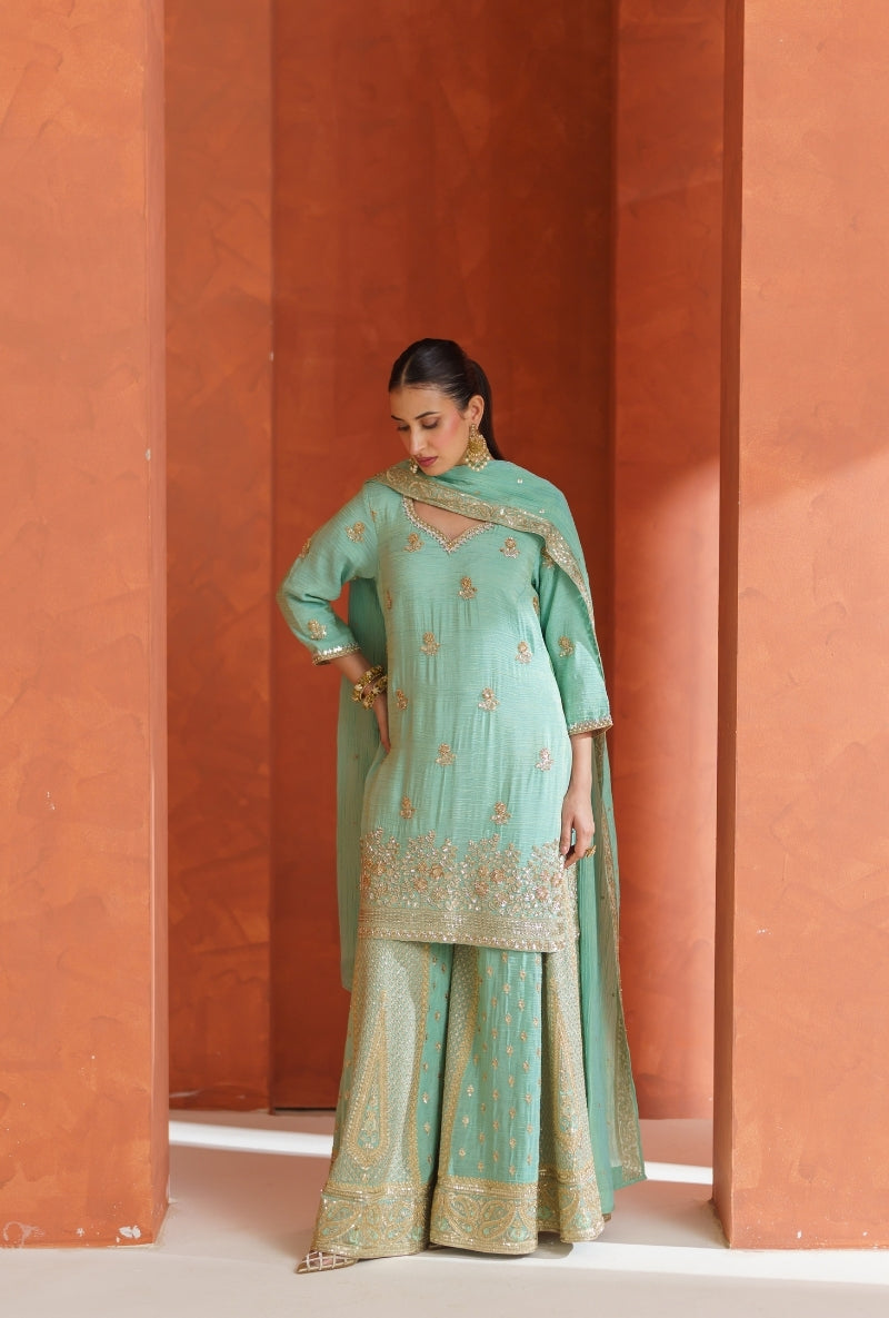 Light Blue Sequin &amp; Beadwork Vira Sharara Set