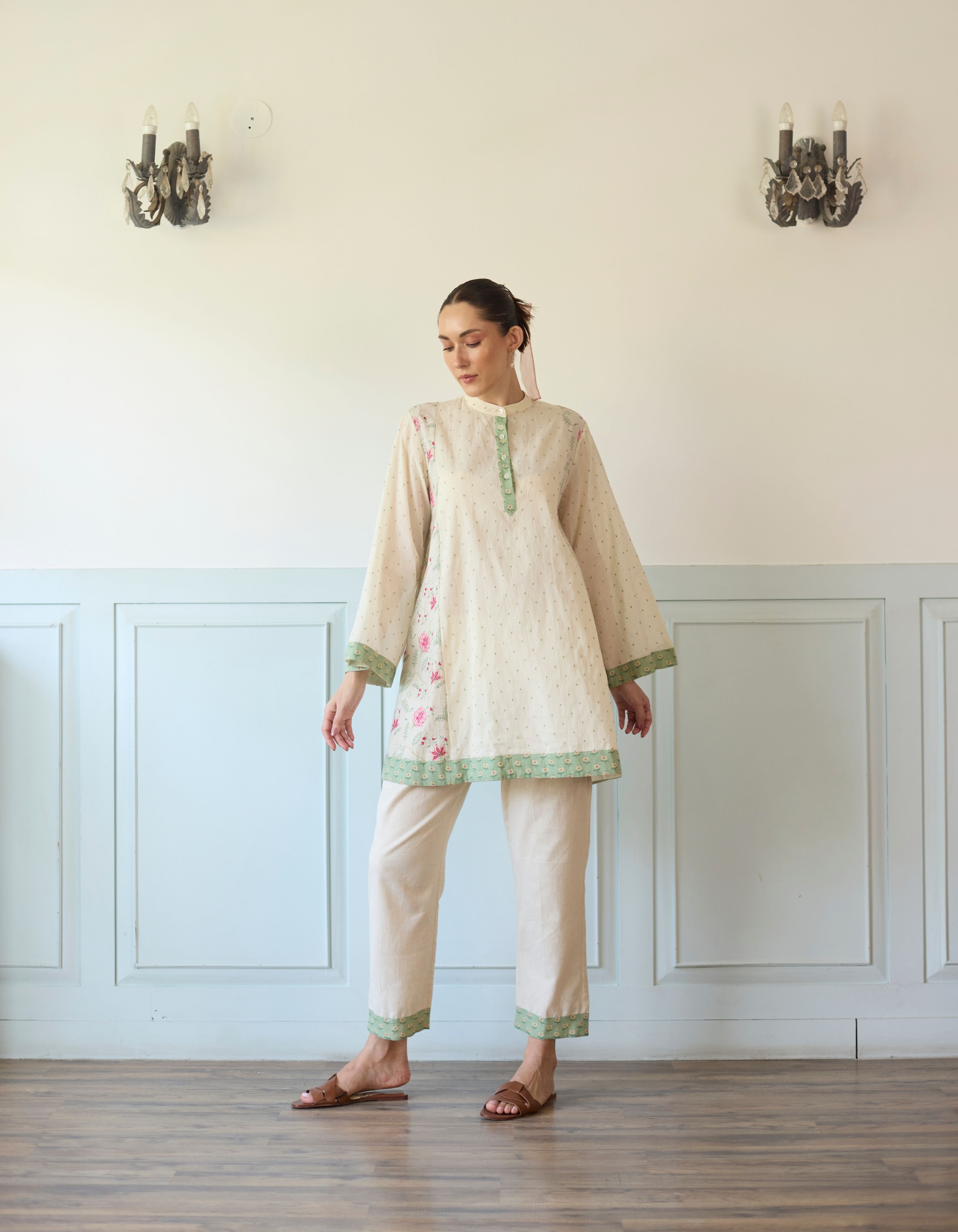 Pink And Green Flared Printed Side Panel Short Amelia Kurta Set