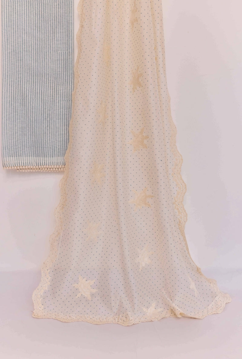 Block Print Thread and Zari Embroidered Unstitched Suit Set
