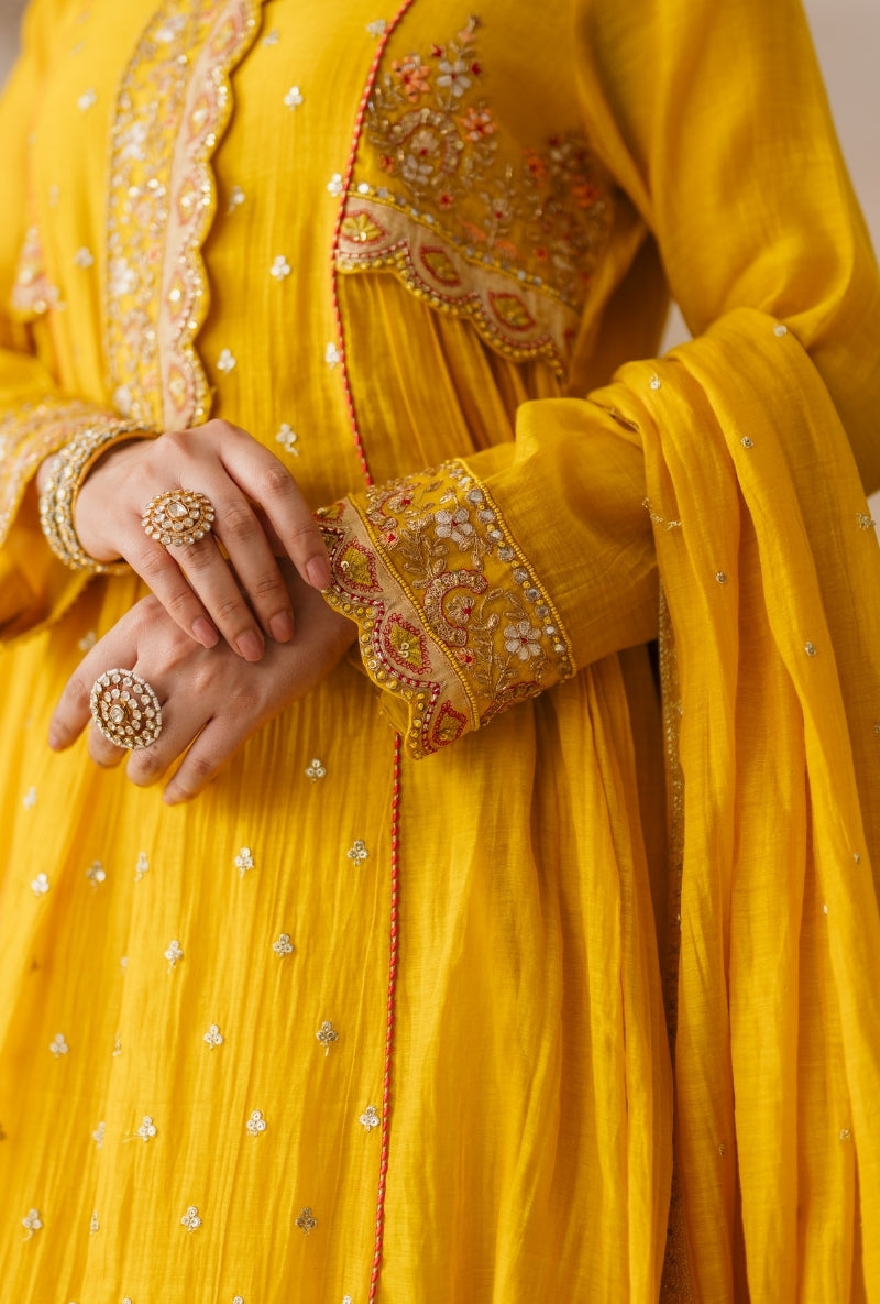 Yellow Dori Work Front Gather Gulbano Anarkali set