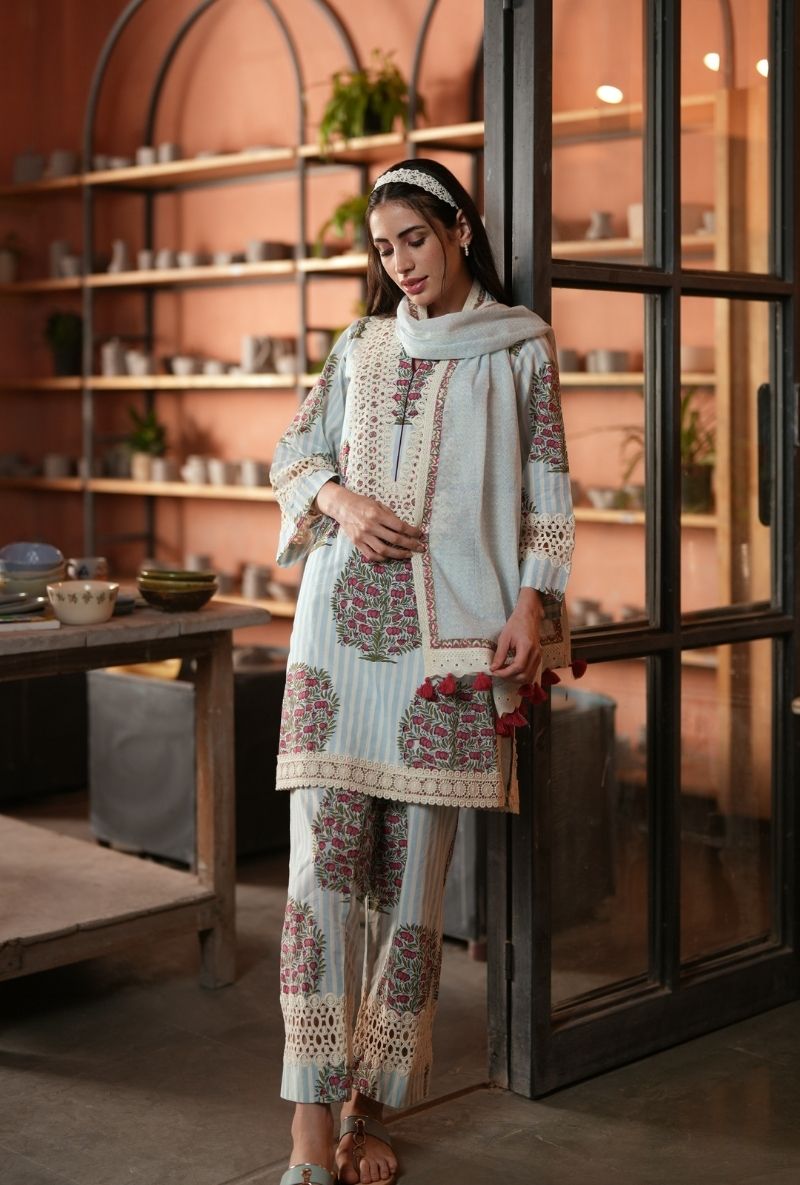 Powder Blue Annar Boota Motif Raisa Short Kurta Set