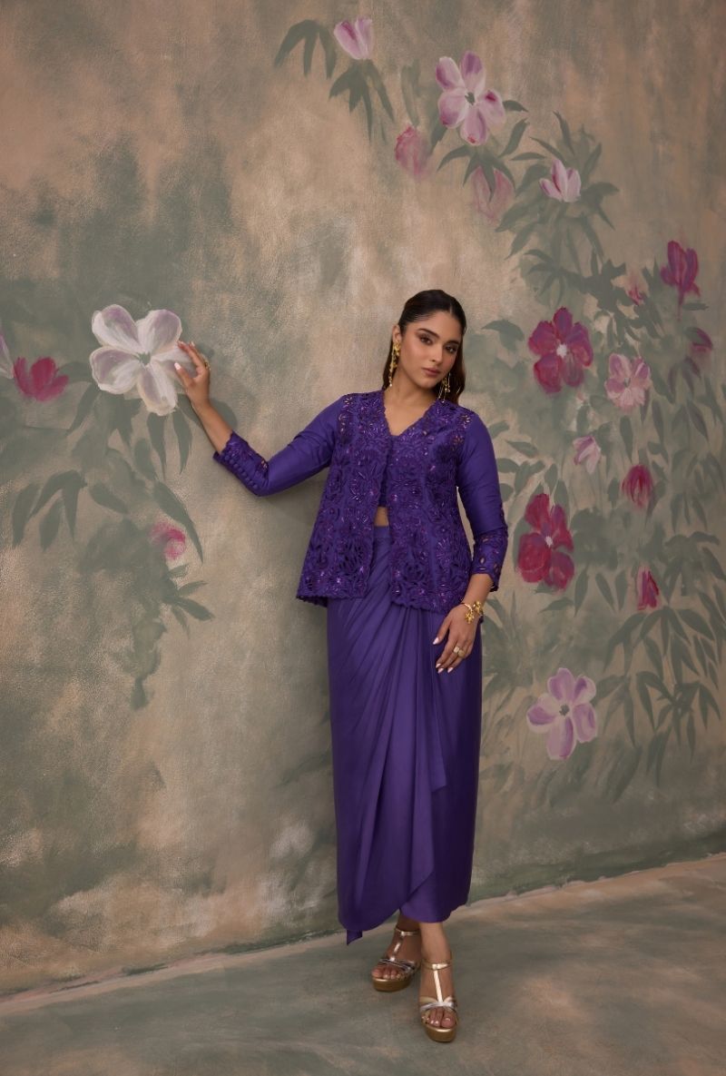 Purple Cutwork Jacket Jalsa Skirt Set