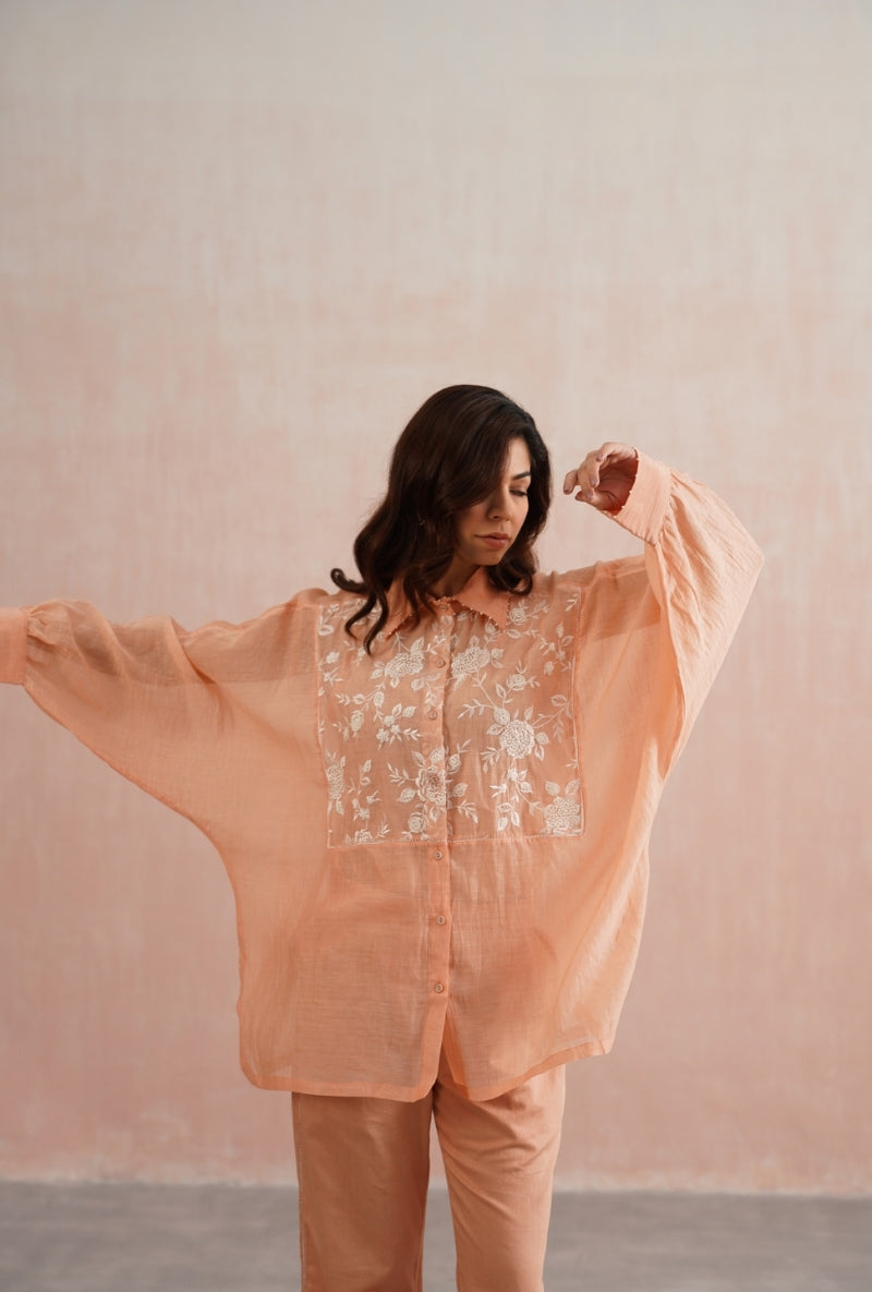 Peach Pearl Embroidered Kimono Prisha Co-ord set