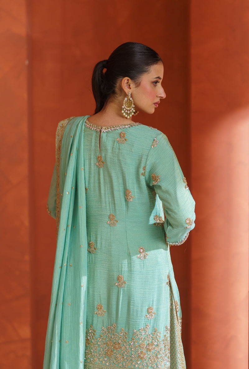 Light Blue Sequin &amp; Beadwork Vira Sharara Set