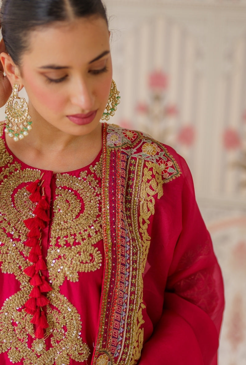 Red Resham and Dabka Hand Embroidered Mallika Kurta Set