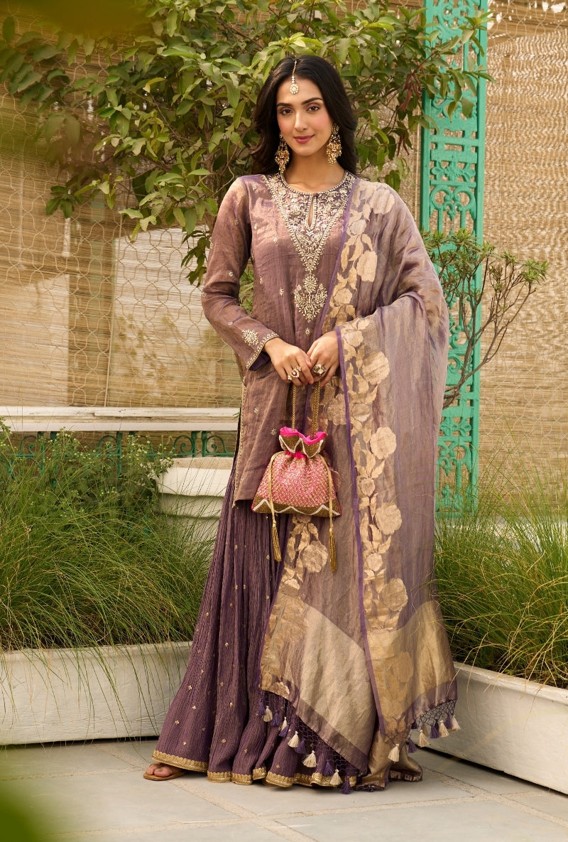 Purple Embroidered Yoke Tissue Sabah Sharara Set