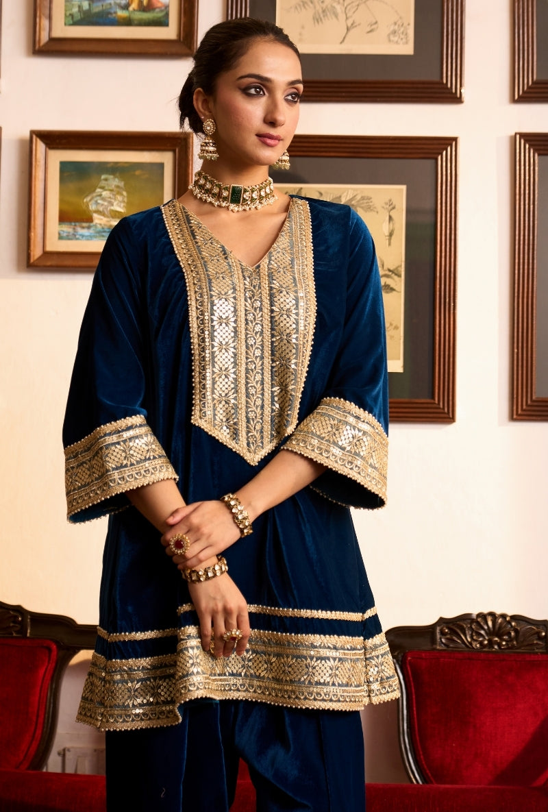 Blue Long Zari Embroidery Yoke Dilbar Farshi Salwar Set