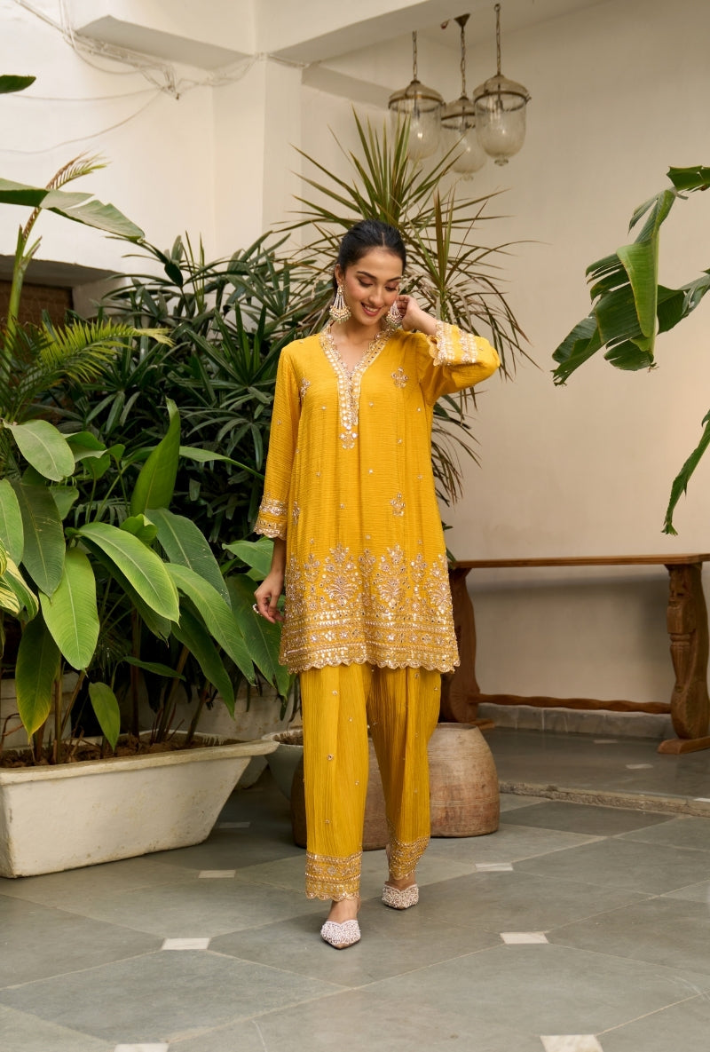 Yellow Embroidered A-Line Nadira Farshi Salwar Set