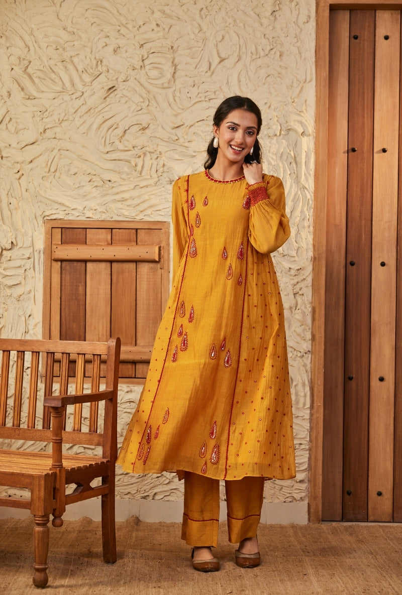 Musard Red Thread Work Side Gather Aadhya Anarkali Set