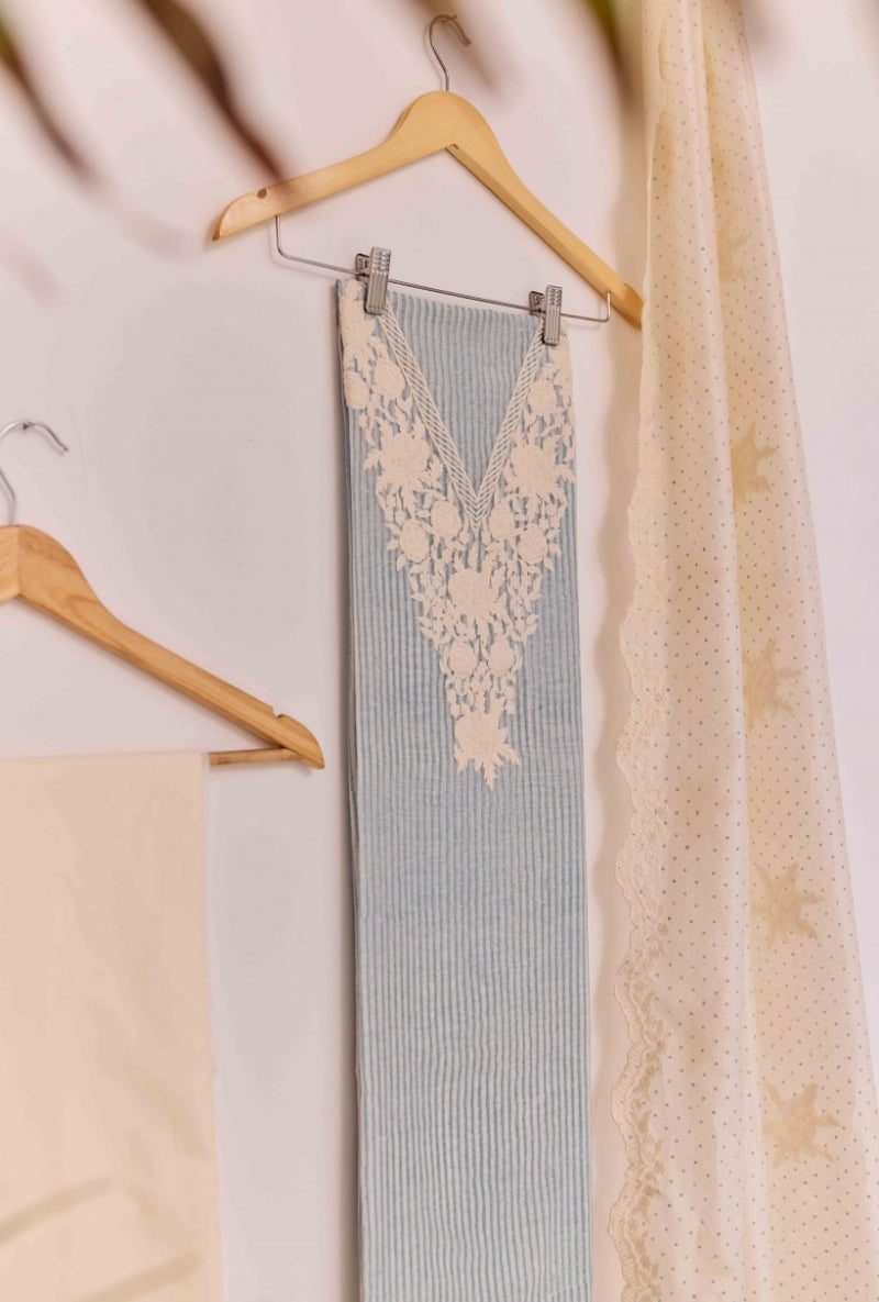 Block Print Thread and Zari Embroidered Unstitched Suit Set
