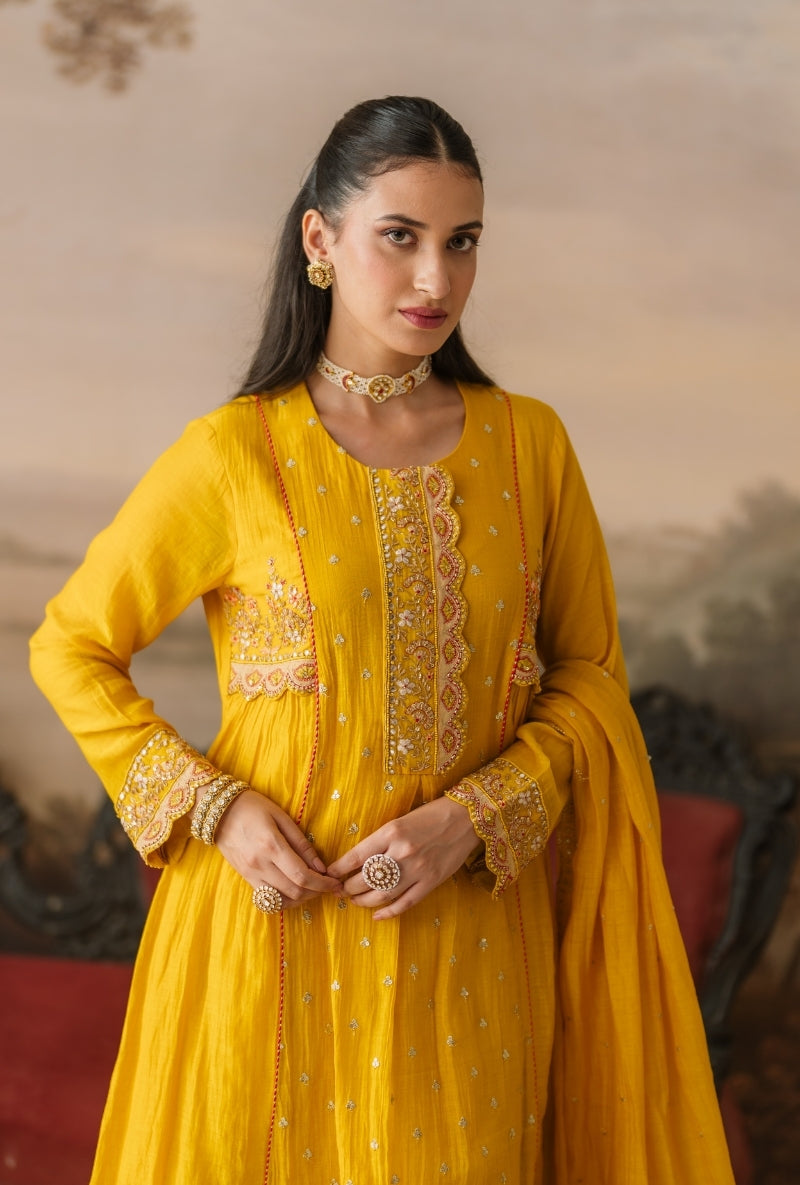 Yellow Dori Work Front Gather Gulbano Anarkali set