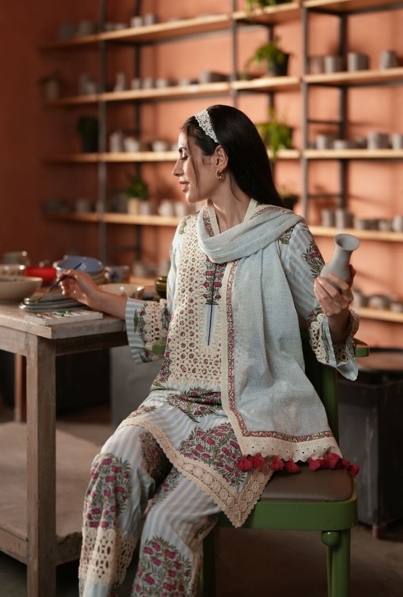 Powder Blue Annar Boota Motif Raisa Short Kurta Set