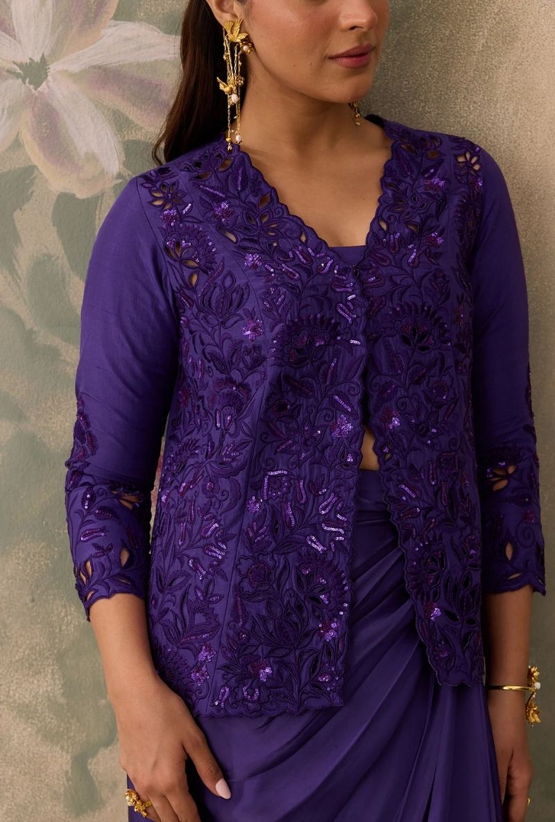 Purple Cutwork Jacket Jalsa Skirt Set