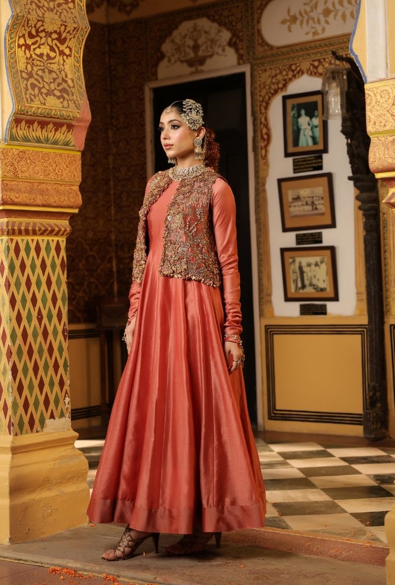 Rose Pink Jacket Mehfil Anarkali Set