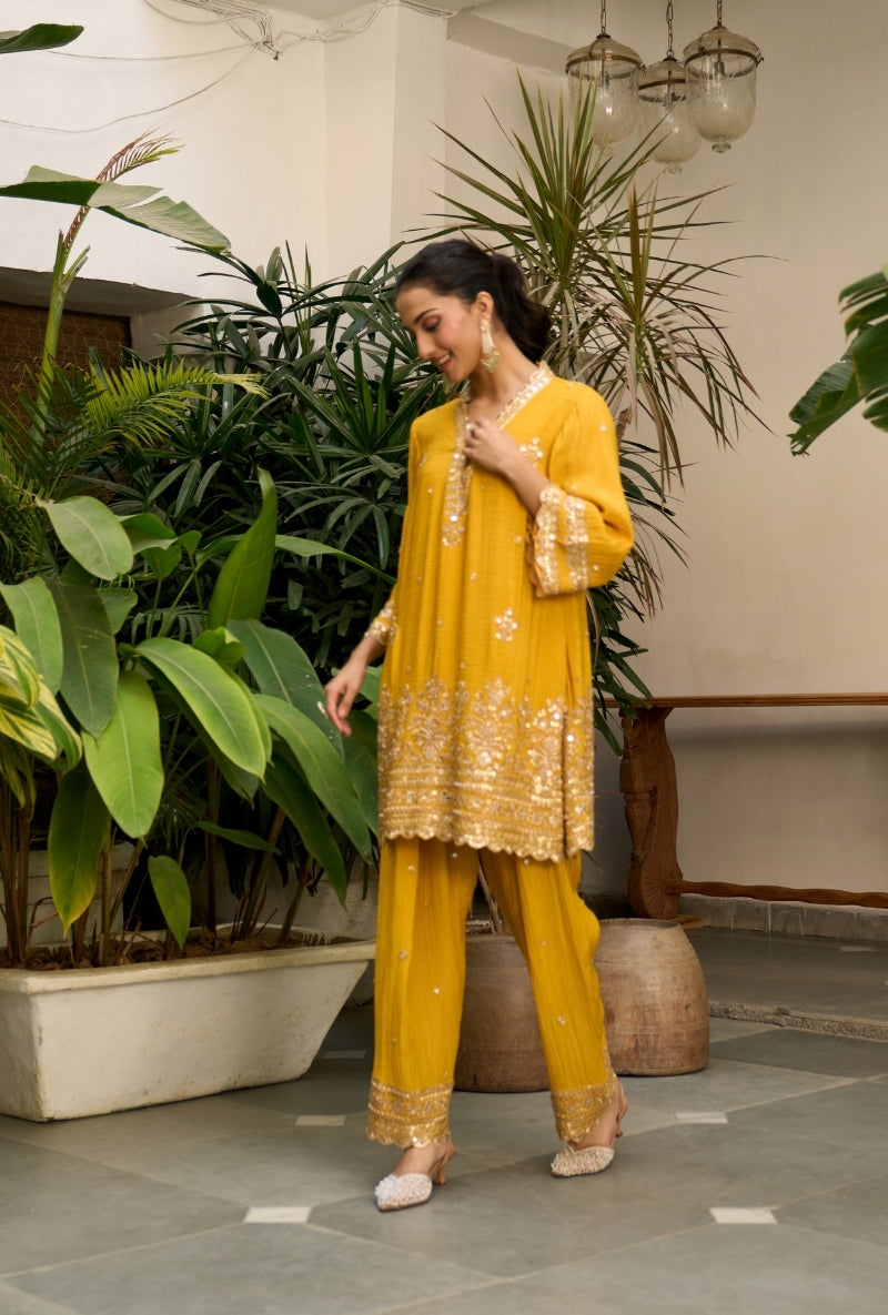Yellow Embroidered A-Line Nadira Farshi Salwar Set