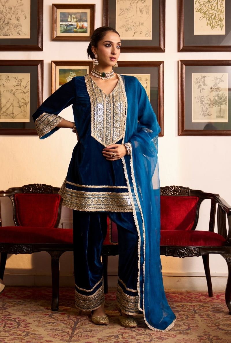 Blue Long Zari Embroidery Yoke Dilbar Farshi Salwar Set