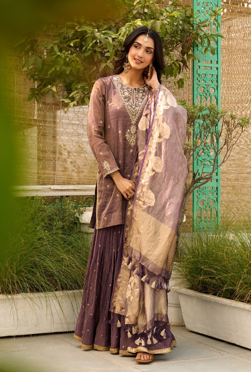 Purple Embroidered Yoke Tissue Sabah Sharara Set