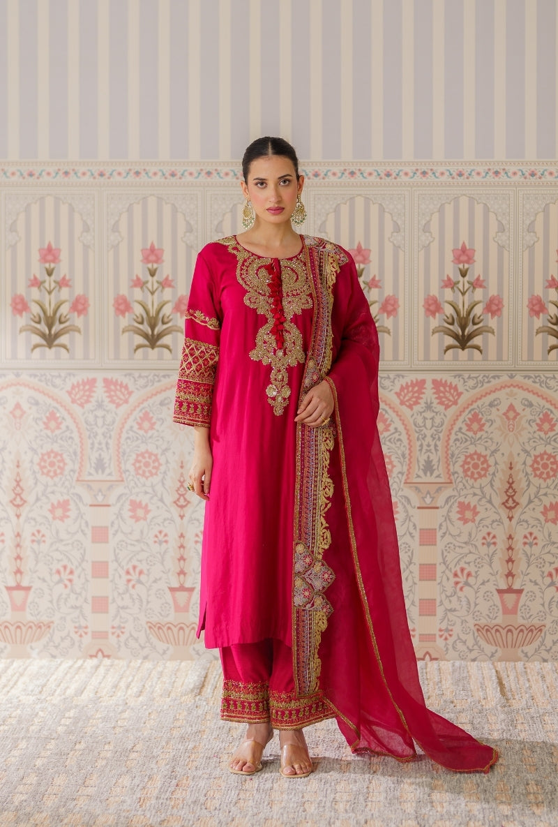 Red Resham and Dabka Hand Embroidered Mallika Kurta Set