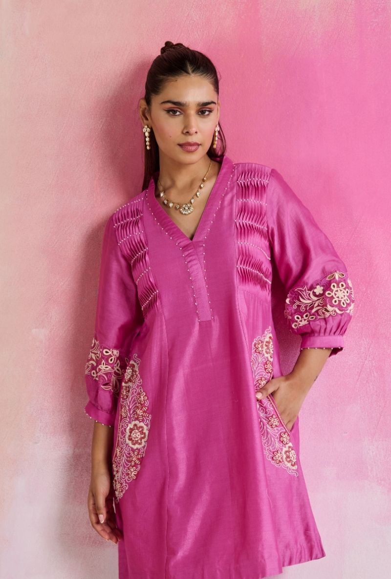 Magenta Pink Fine Pleated Smocking Amara Kurta Set