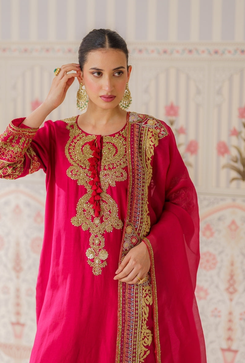 Red Resham and Dabka Hand Embroidered Mallika Kurta Set
