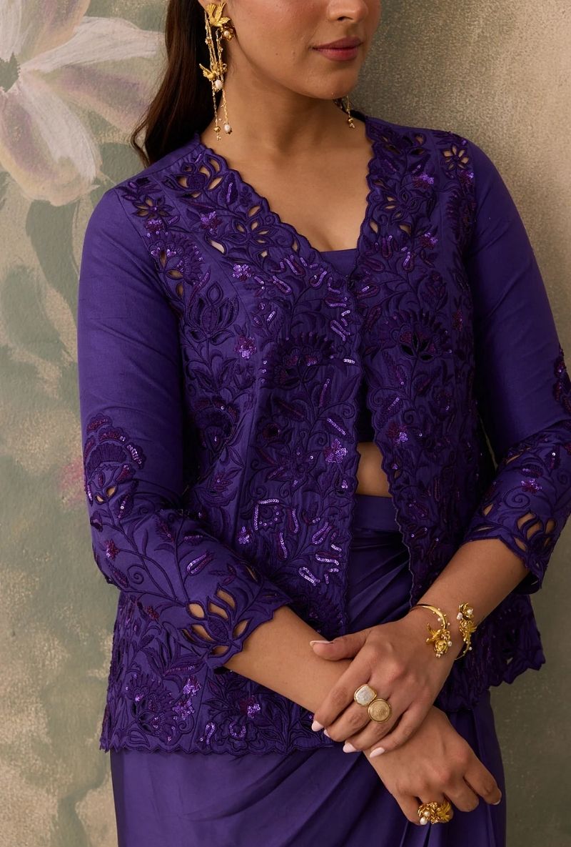 Purple Cutwork Jacket Jalsa Skirt Set