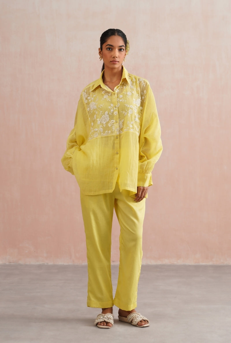 Lemon Yellow Pearl Embroidered Kimono Prisha Co-ord Set