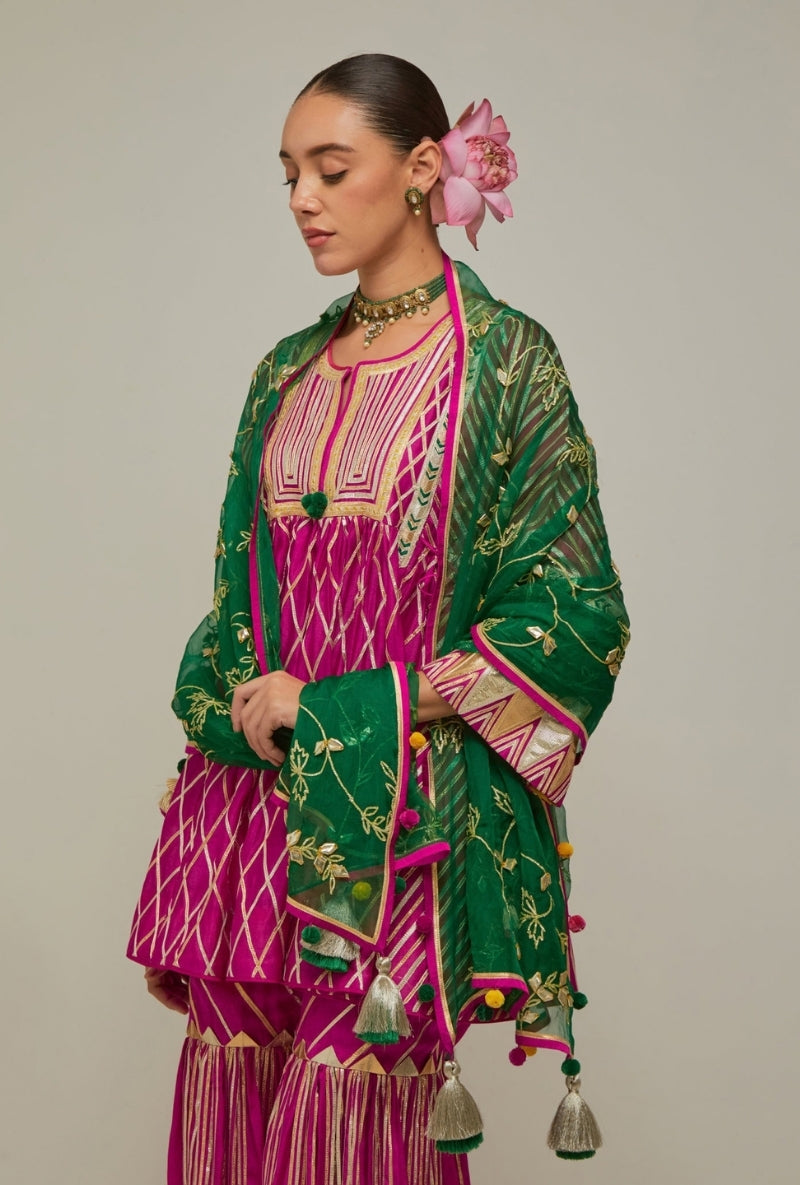 Magenta Short Choga Gota Work Mehreen Sharara Set