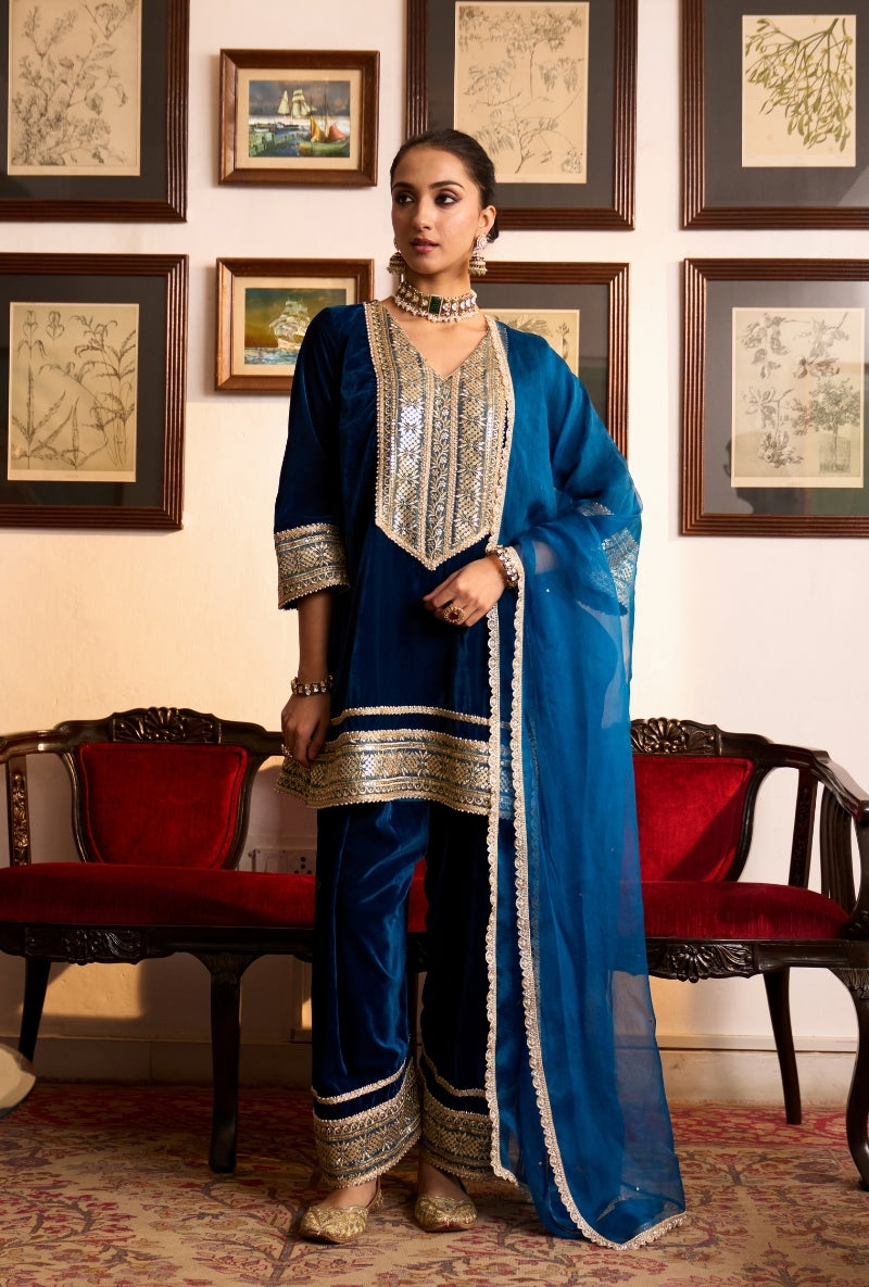 Blue Long Zari Embroidery Yoke Dilbar Farshi Salwar Set