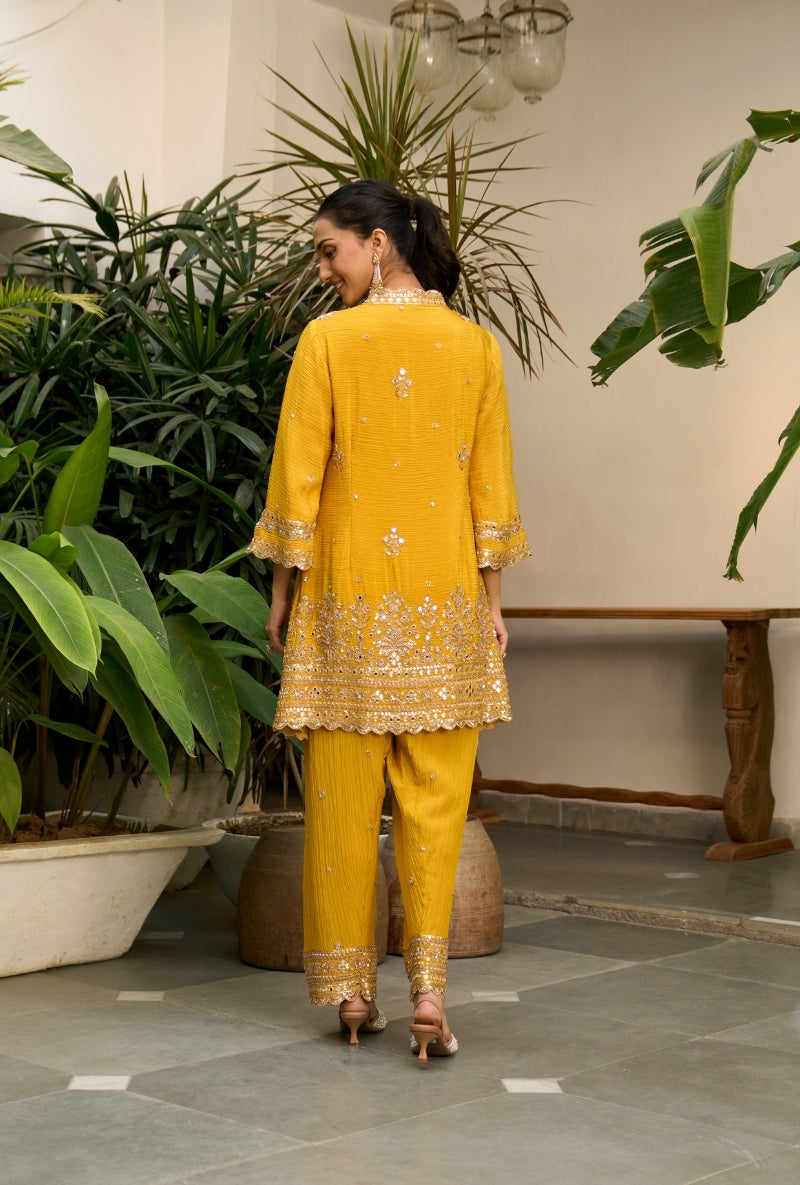 Yellow Embroidered A-Line Nadira Farshi Salwar Set