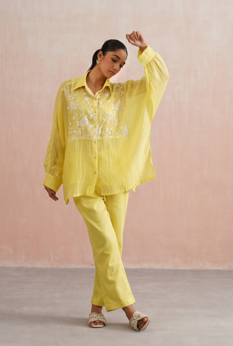 Lemon Yellow Pearl Embroidered Kimono Prisha Co-ord Set