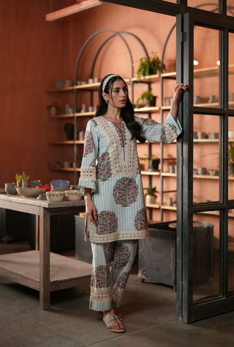 Powder Blue Annar Boota Motif Raisa Short Kurta Set