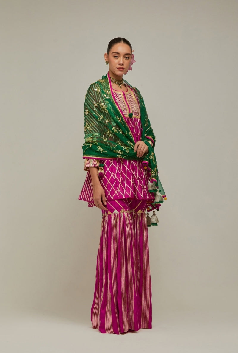 Magenta Short Choga Gota Work Mehreen Sharara Set