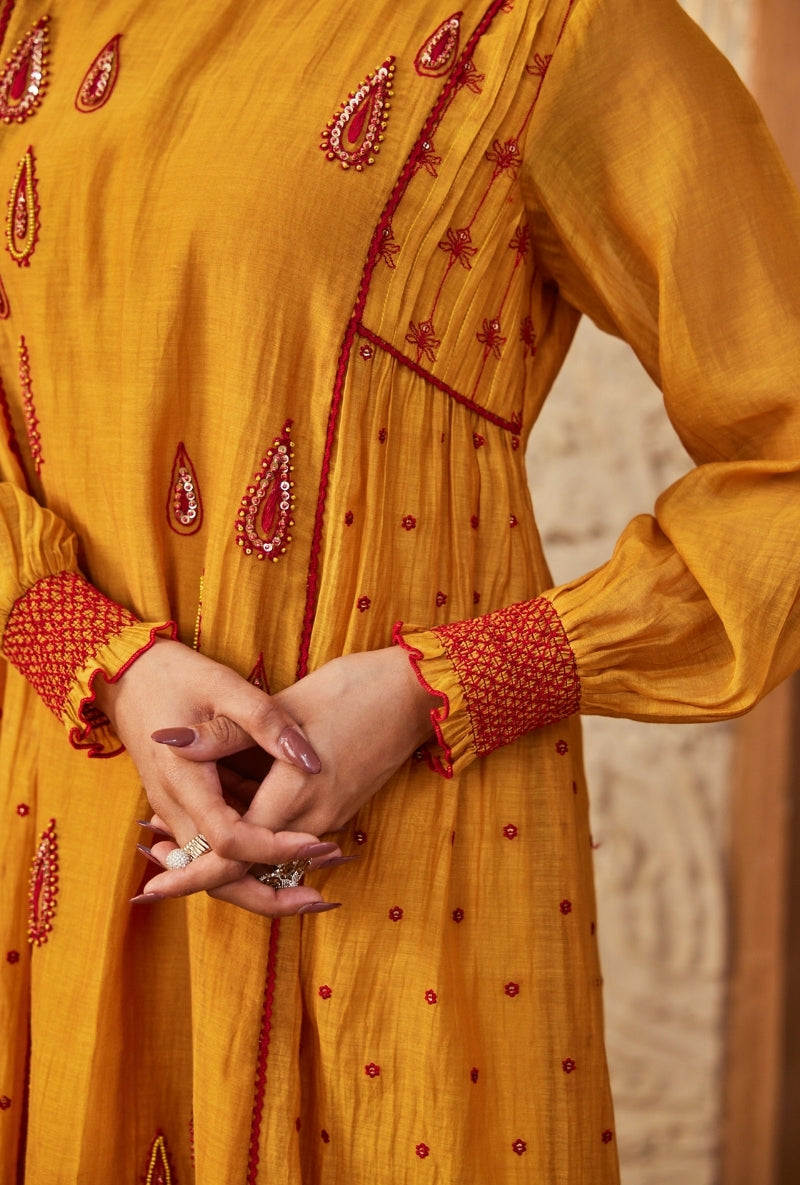 Musard Red Thread Work Side Gather Aadhya Anarkali Set