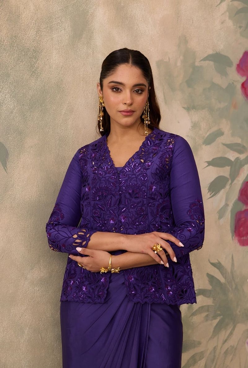 Purple Cutwork Jacket Jalsa Skirt Set