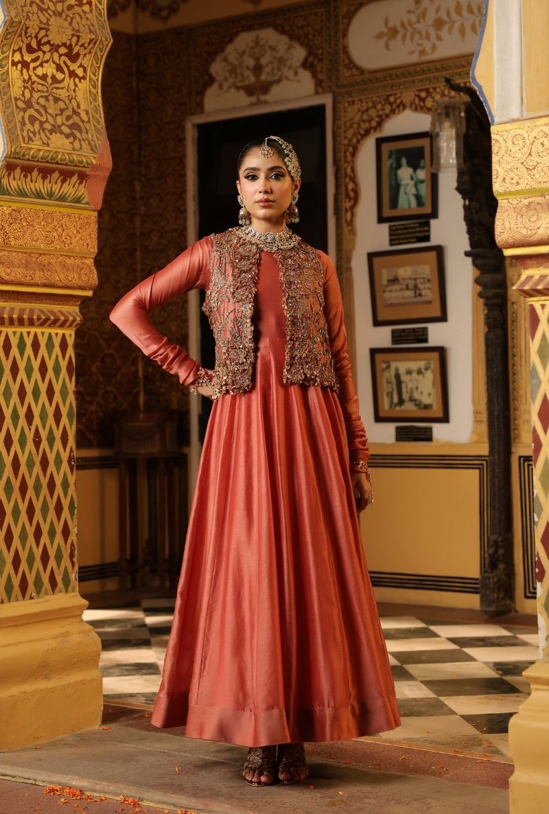 Rose Pink Jacket Mehfil Anarkali Set