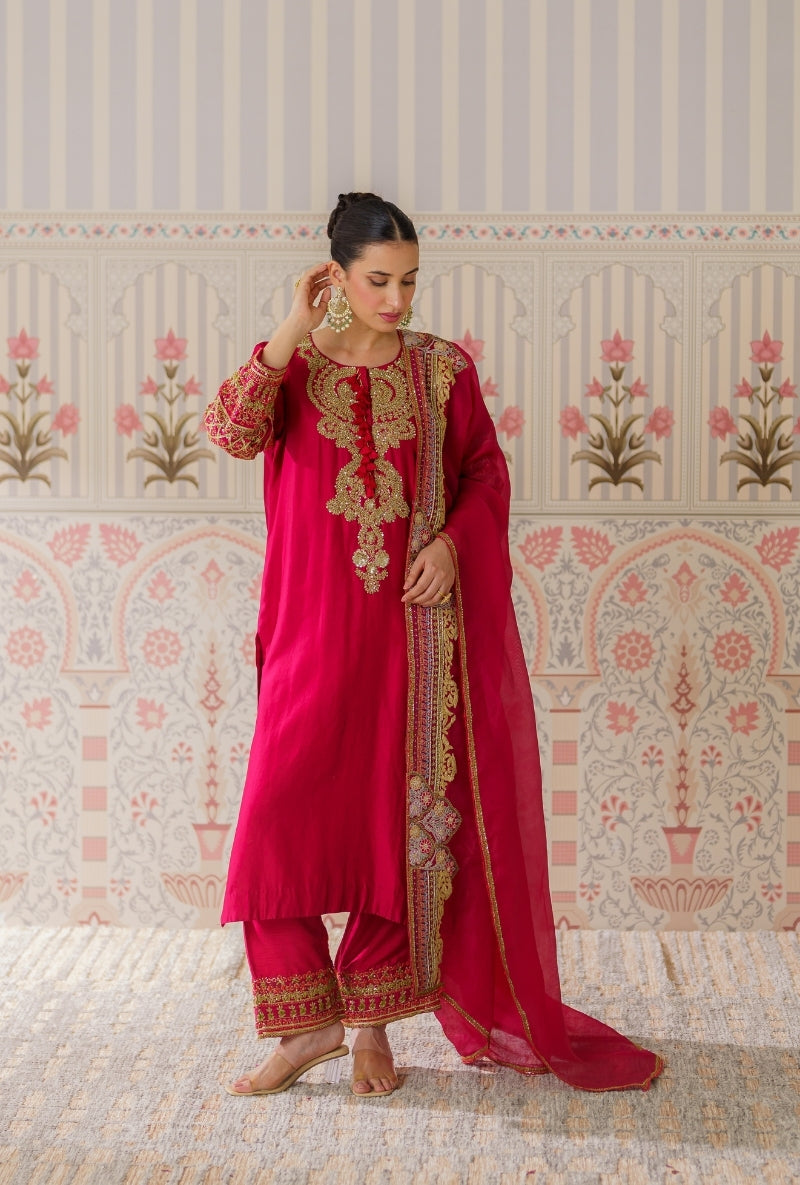 Red Resham and Dabka Hand Embroidered Mallika Kurta Set