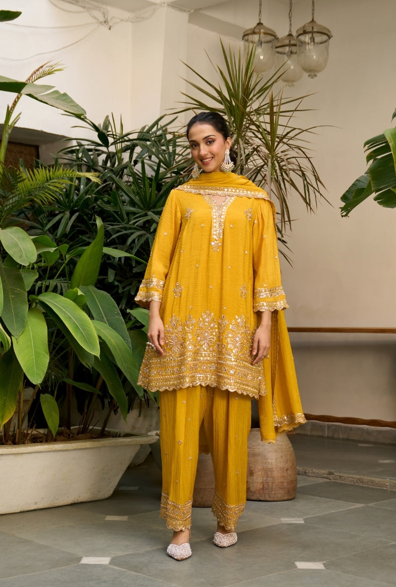 Yellow Embroidered A-Line Nadira Farshi Salwar Set