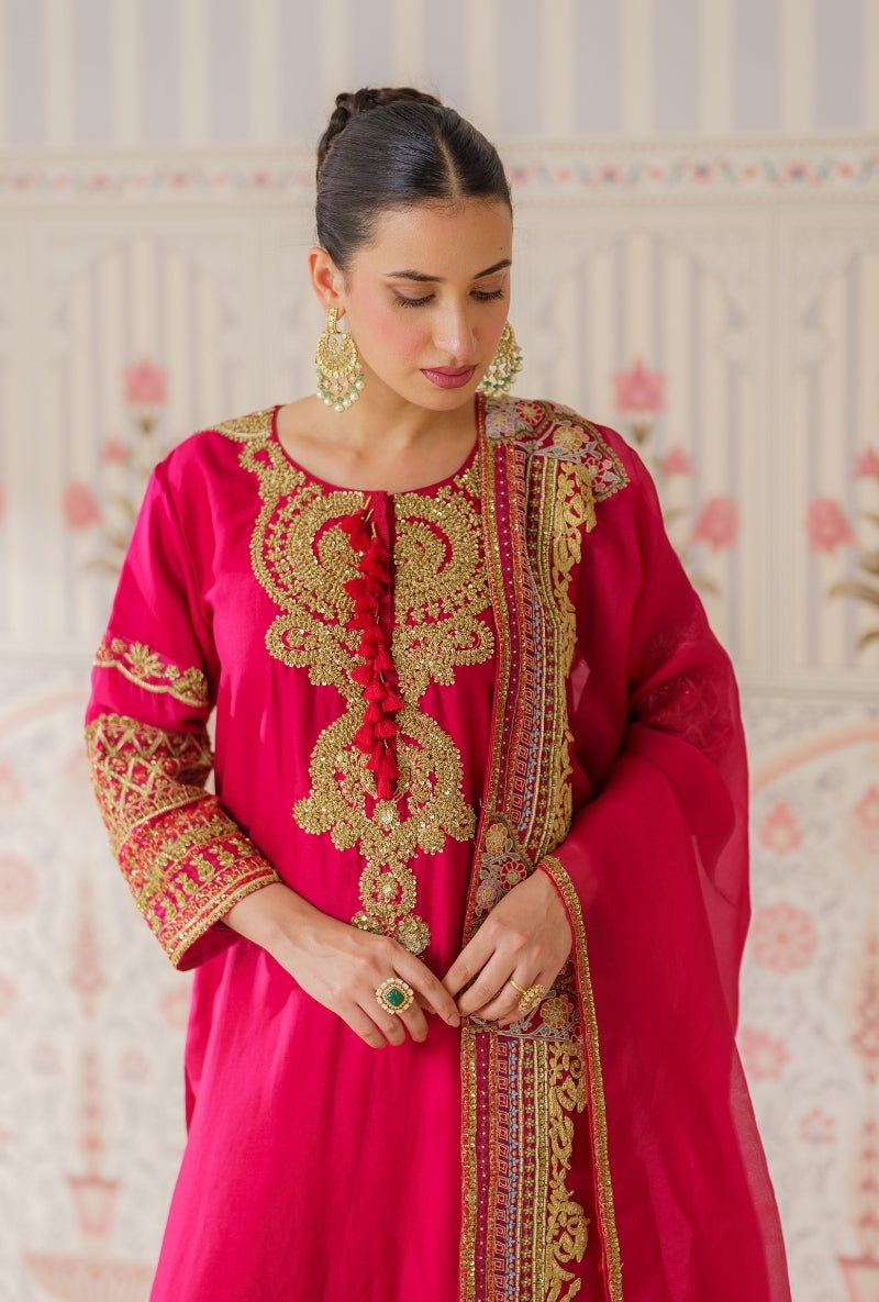 Red Resham and Dabka Hand Embroidered Mallika Kurta Set