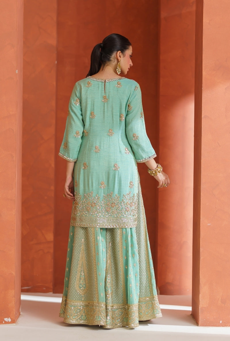 Light Blue Sequin &amp; Beadwork Vira Sharara Set