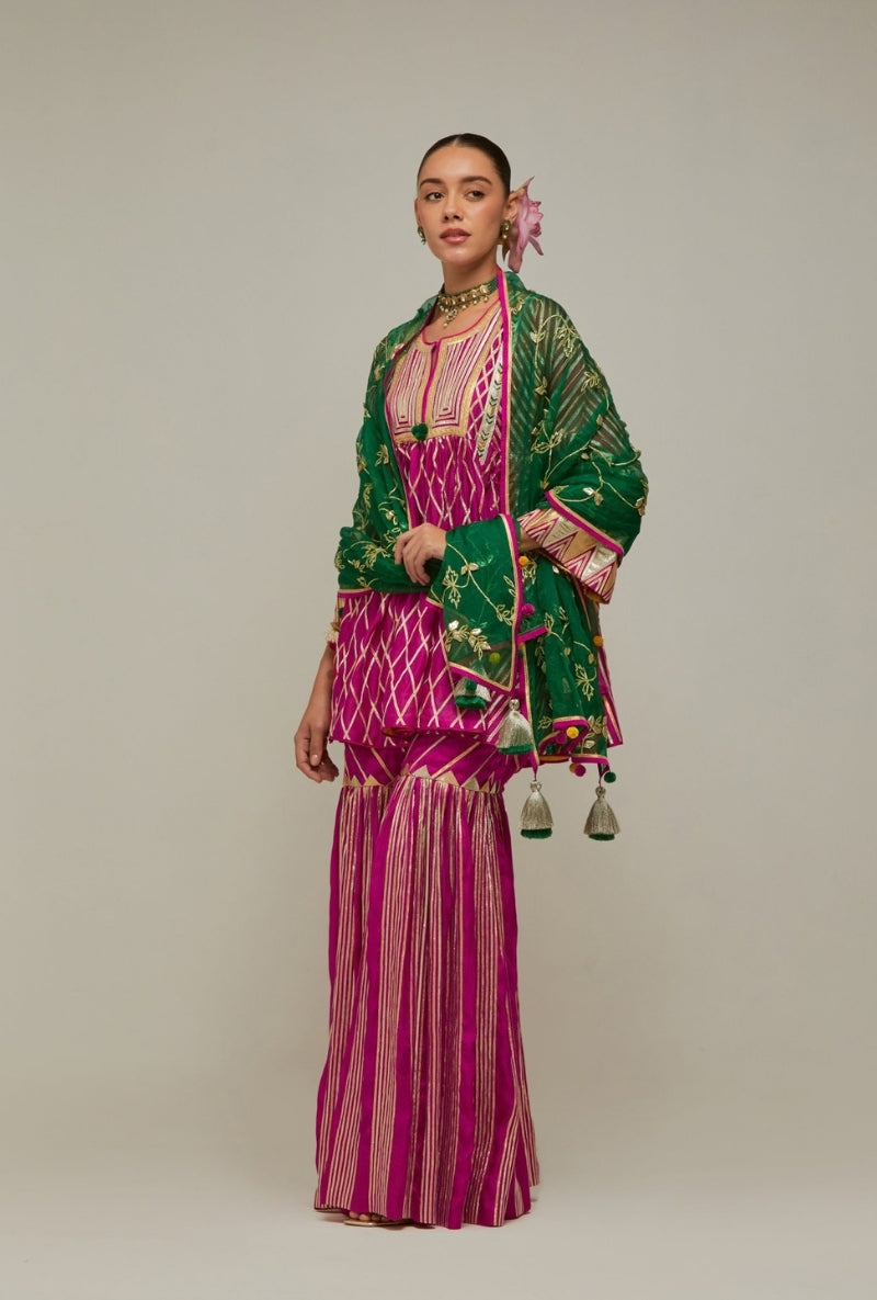 Magenta Short Choga Gota Work Mehreen Sharara Set