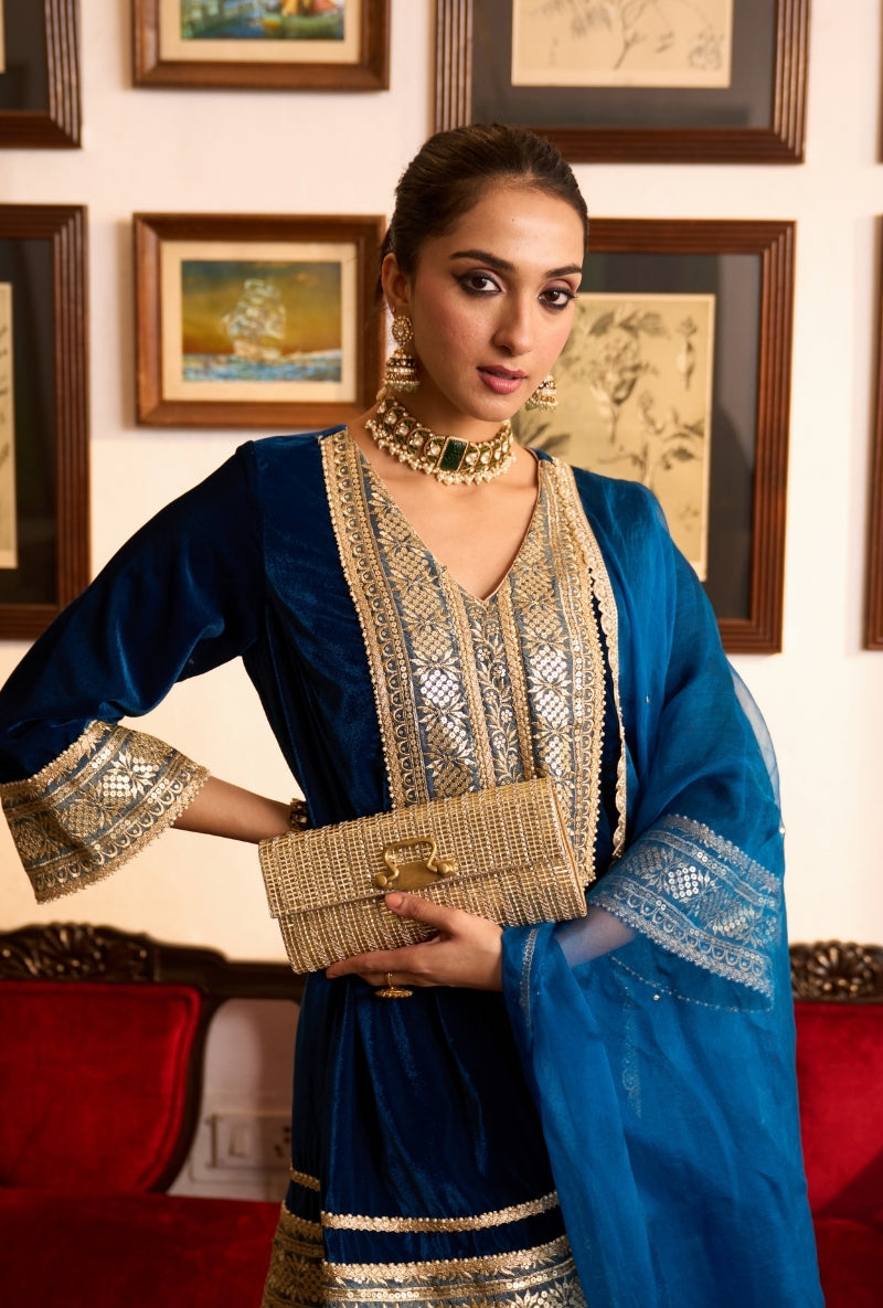 Blue Long Zari Embroidery Yoke Dilbar Farshi Salwar Set