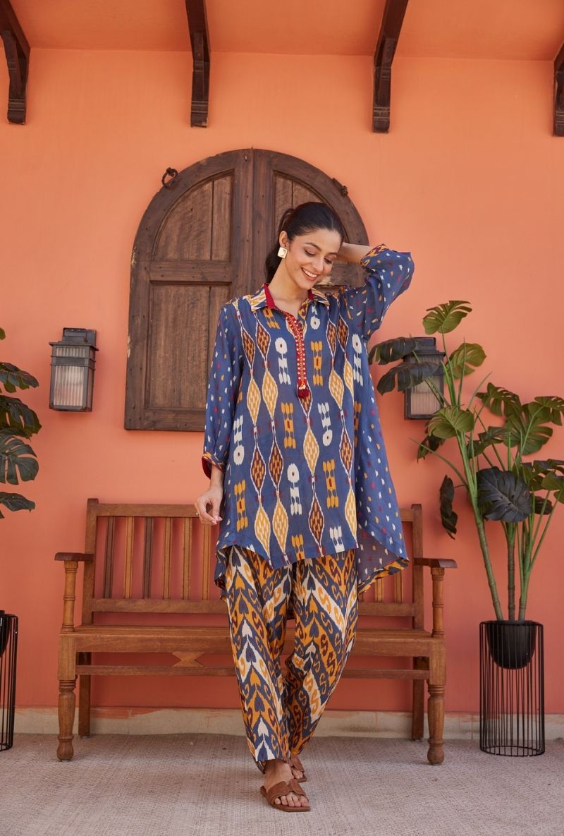 Blue Pink Ikat High Low Maeri Co-ord set