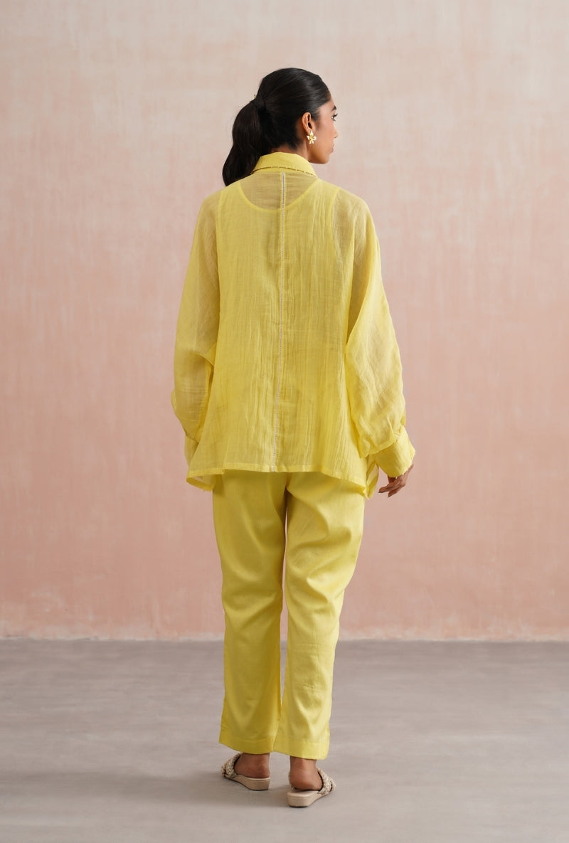 Lemon Yellow Pearl Embroidered Kimono Prisha Co-ord Set