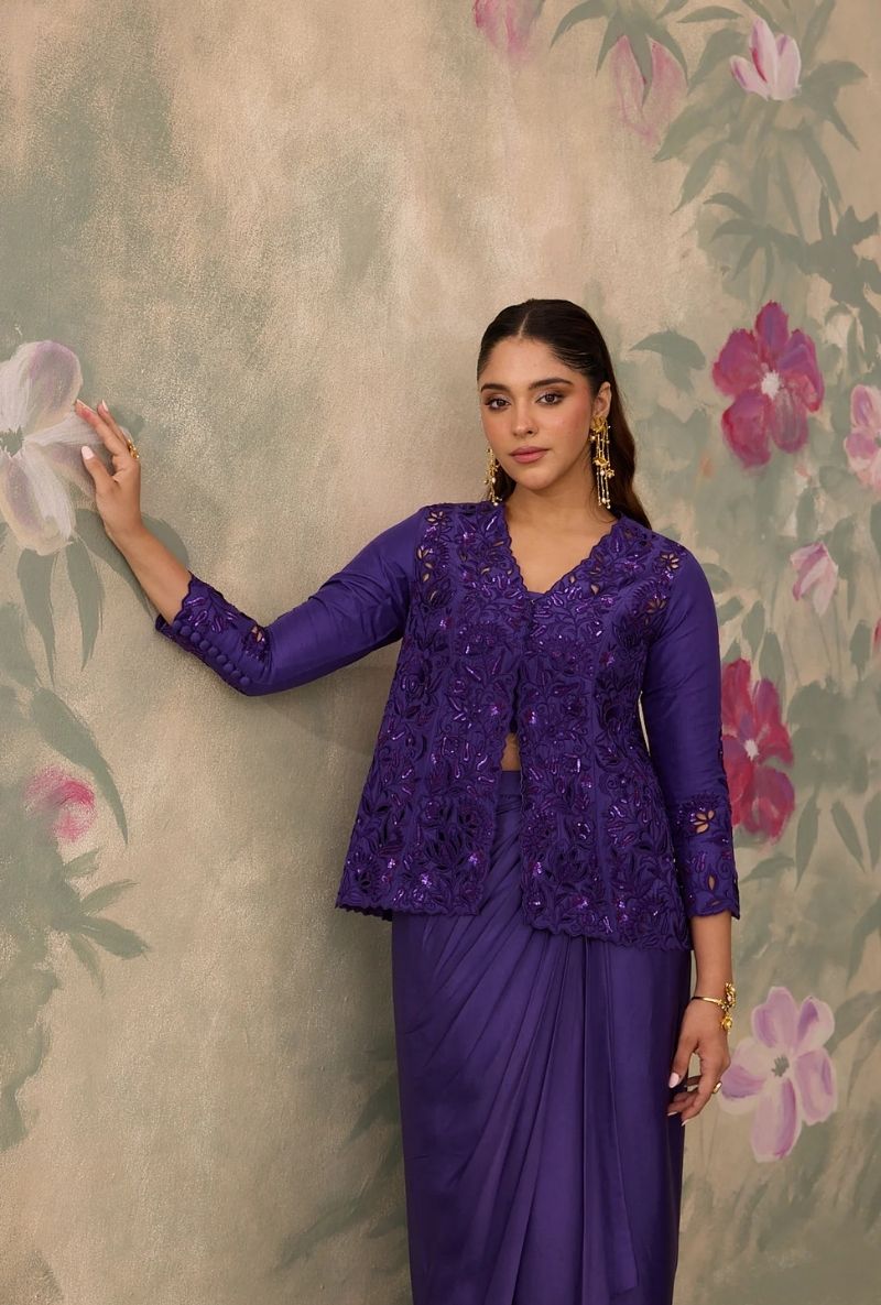 Purple Cutwork Jacket Jalsa Skirt Set