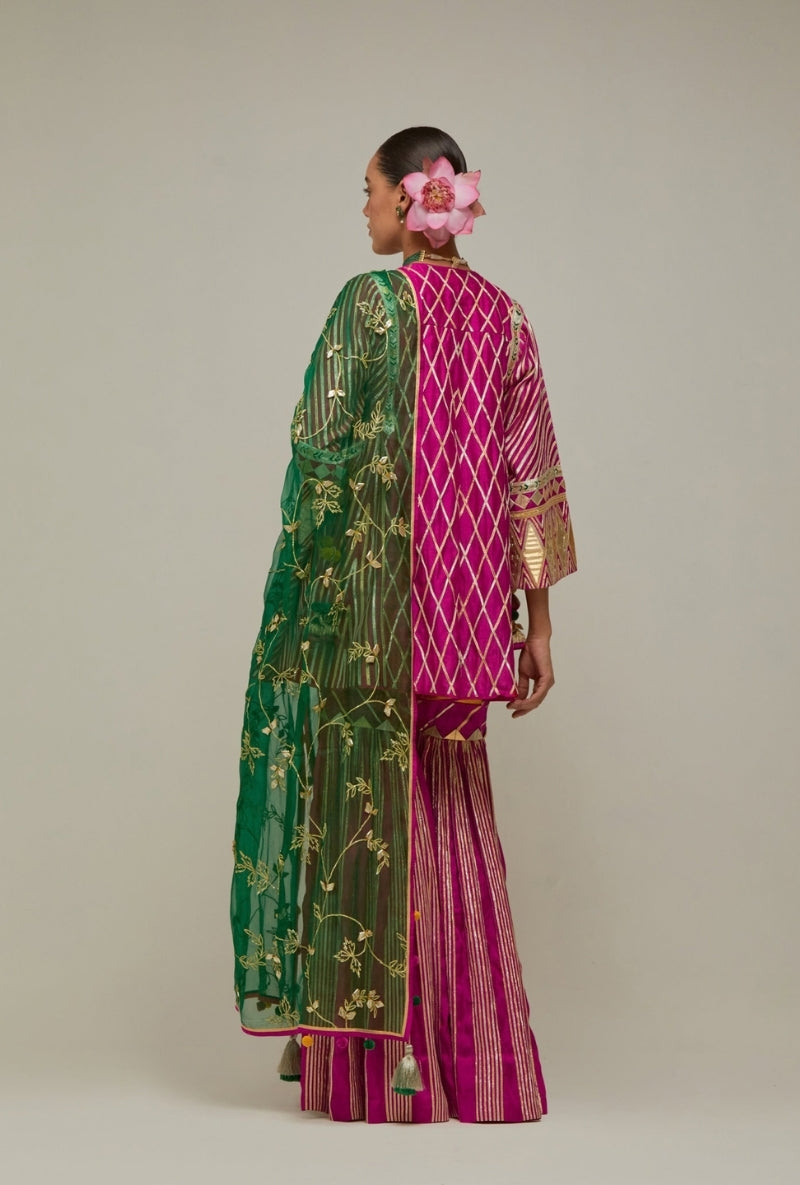 Magenta Short Choga Gota Work Mehreen Sharara Set