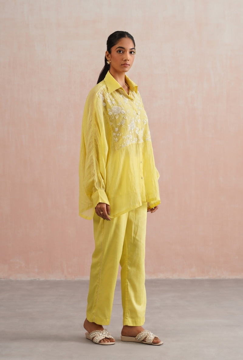 Lemon Yellow Pearl Embroidered Kimono Prisha Co-ord Set