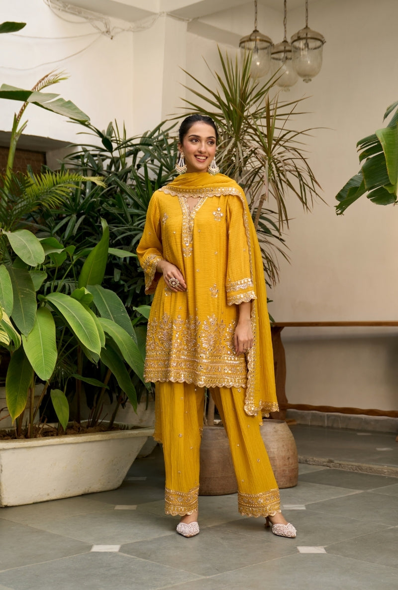 Yellow Embroidered A-Line Nadira Farshi Salwar Set