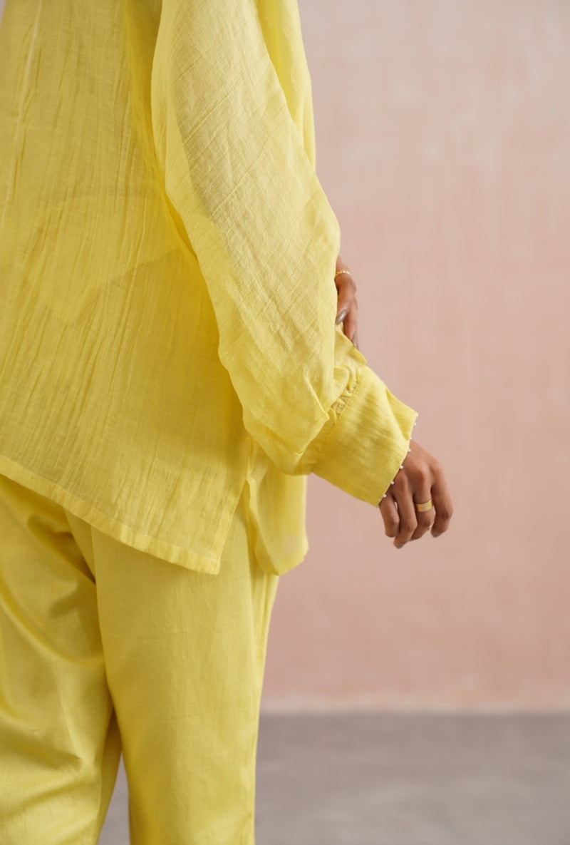 Lemon Yellow Pearl Embroidered Kimono Prisha Co-ord Set