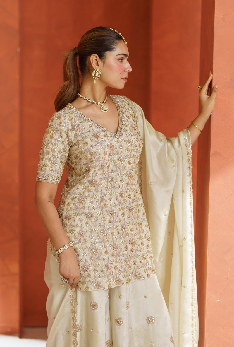 Ivory All Over Zari &amp; Sequin Work Vira Sharara Set