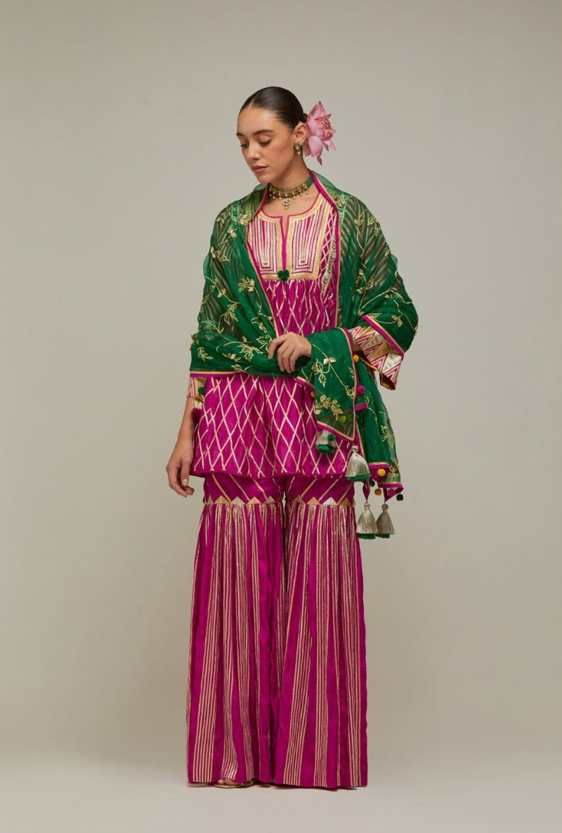 Magenta Short Choga Gota Work Mehreen Sharara Set